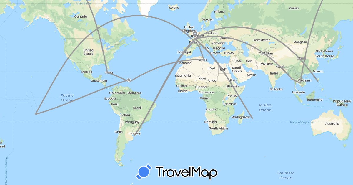 TravelMap itinerary: driving, plane in Cuba, France, Cambodia, Myanmar (Burma), Mauritius, Philippines, Tunisia, Uruguay (Africa, Asia, Europe, North America, South America)